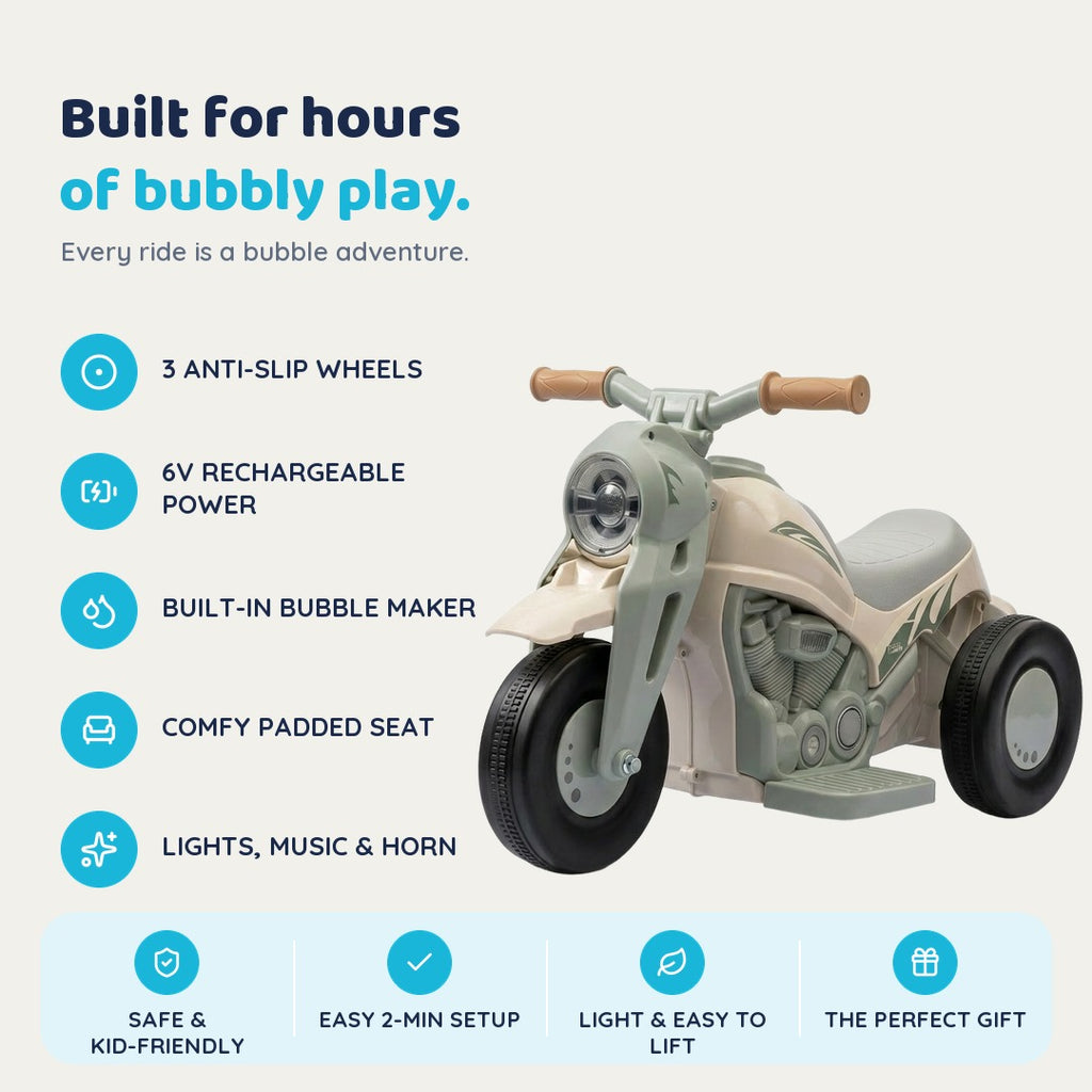 Glidaboo features — wheels, battery, bubble maker, seat, lights